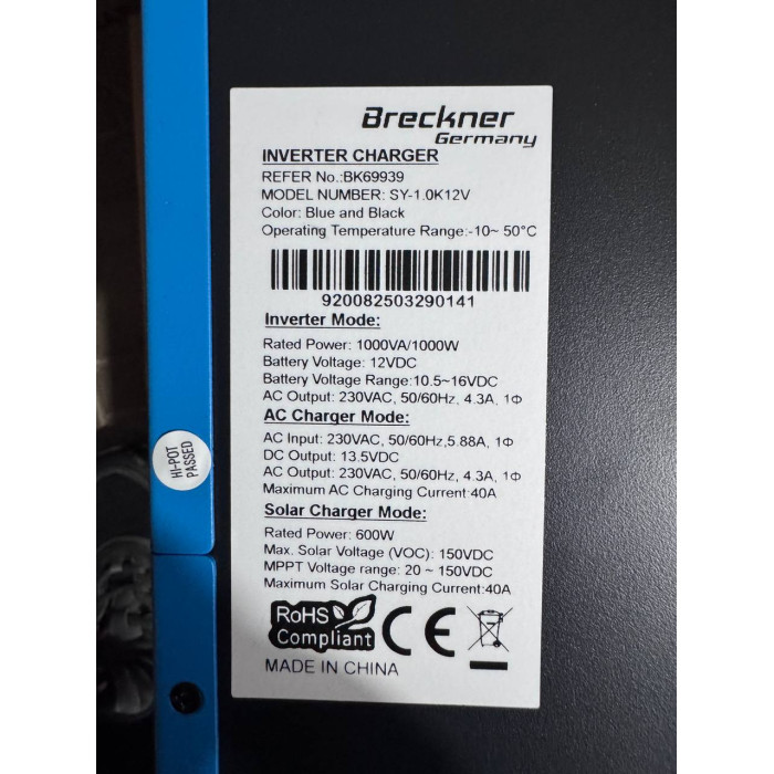 Гібридний інвертор сонячний  Breckner 1квт 12в Hybrid solar inverter BK69939