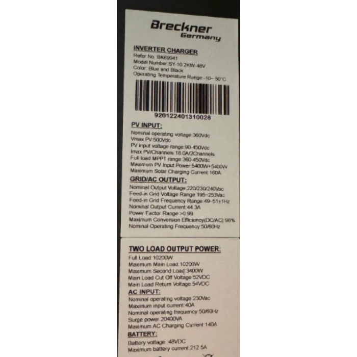 Гібридний інвертор Breckner 10.2 кВт48в  Breckner Germany  SY-10.2 KW-48V  BK69941
