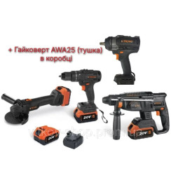 Акумуляторний набір 4в1 STROMO PA210SET + Гайковерт AWA25 Болгарка, Перфоратор, Шурупокрут, АКБ 3шт 4Аг ЗП 2шт